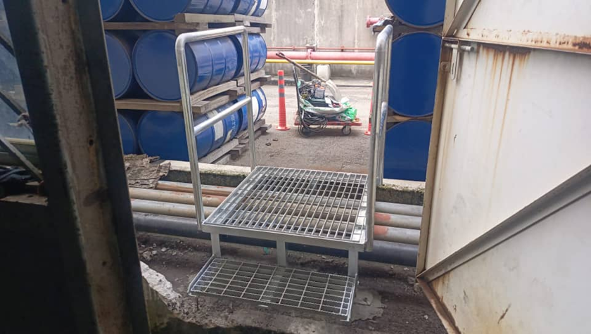Galvanised emergency exit steps and railing installation